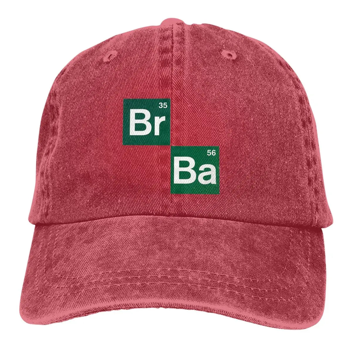 Red cotton cap, with Br and Ba periodic table symbols