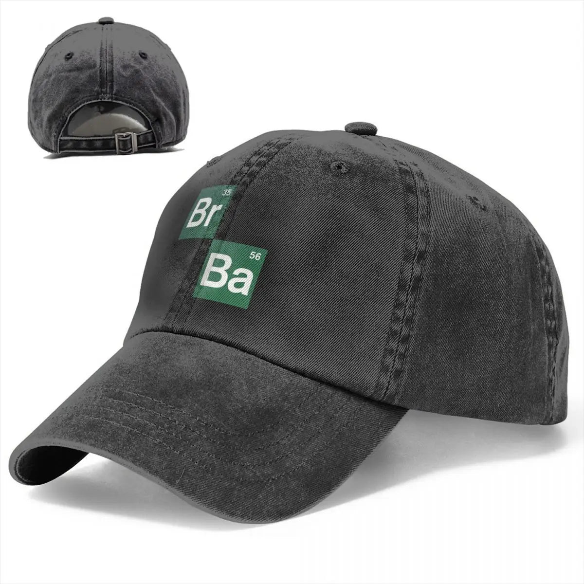 Black cotton cap, with Br and Ba periodic table symbols