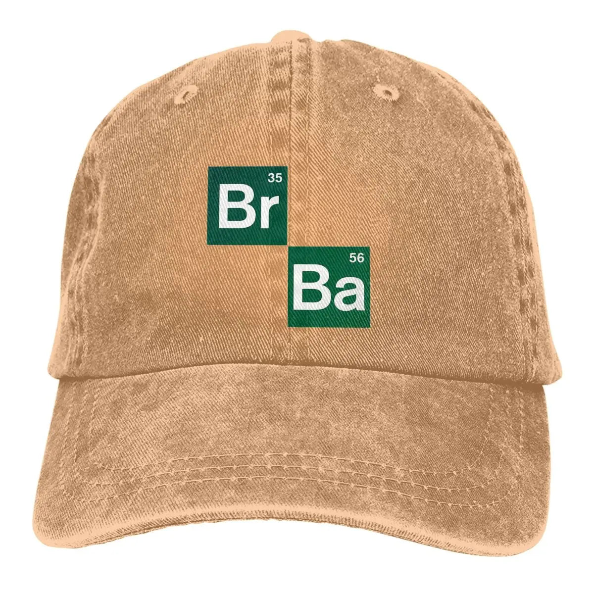Beige cotton cap, with Br and Ba periodic table symbols