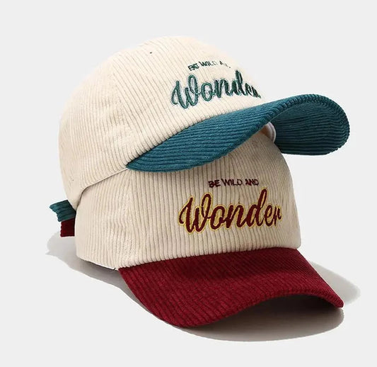 Cream corduroy cap, with visor in blue and red, with the sentence "Be wild and Wonder" embroided on it